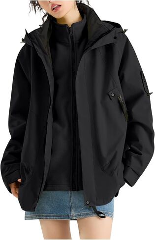 3 in 1 Jackets for Women Fall Winter Fleece Insulation Hooded Jacket Hiking Outdoor Windproof Warm Windbreaker Outerwear in Saudi Arabia