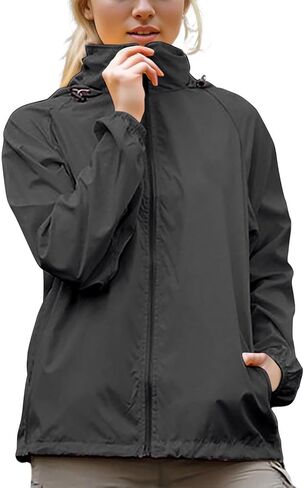 Womens Packable Rain Jacket Outdoor Waterproof Sunproof Windbreaker Hiking Lightweight Zip Up Solid Hooded Raincoat in Saudi Arabia