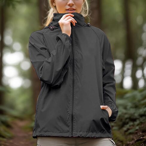 Womens Packable Rain Jacket Outdoor Waterproof Sunproof Windbreaker Hiking Lightweight Zip Up Solid Hooded Raincoat in Saudi Arabia