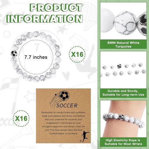 16 مجموعة من الأساور الرياضية لكرة القدم والكرة الطائرة والأساور الرياضية الساحرة وهدايا الفريق سوار مطرز بالفيروز الأبيض الطبيعي مع بطاقة ملهمة للاعبي الرياضة وحفلات التخرج وحفلات أعياد الميلاد in Kuwait