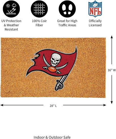 Team Sports America NFL Tampa Bay Buccaneers Natural Coir Doormat | Official Full Color Team Logo | 28 x 16 Inches | Non Slip Back | Front Door Welcome Floor Mats | Indoor Outdoor Entrance Home Décor in Saudi Arabia