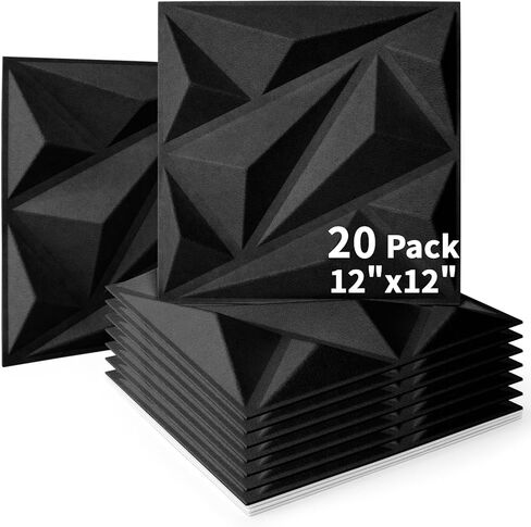 لوحات صوتية من Art3dwallpanels مكونة من 20 قطعة من ألواح الجدران العازلة للصوت من الإسفنج الصوتي لتخميد الصوت، ممتصة للصوت ثلاثي الأبعاد، 30.48 سم × 30.48 سم، أسود in Kuwait