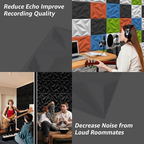 لوحات صوتية من Art3dwallpanels مكونة من 20 قطعة من ألواح الجدران العازلة للصوت من الإسفنج الصوتي لتخميد الصوت، ممتصة للصوت ثلاثي الأبعاد، 30.48 سم × 30.48 سم، أسود in Kuwait