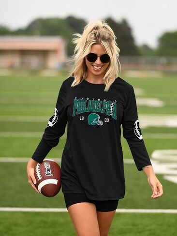 Football Season Long Sleeve Shirts For Women Game Day Team Fans Top Football Helmet Tee Crewneck Pullover Tops in Saudi Arabia