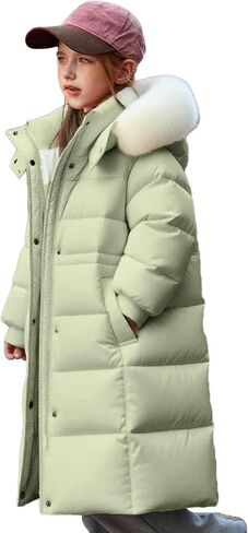 Girls Puffer Jacket with Fur Hood Thicken Water Resistant Long Winter Coats Trendy Warm Quilted Jackets 5-13 Years in Saudi Arabia