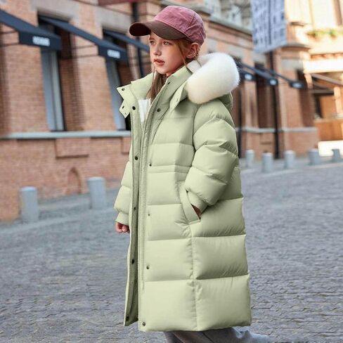 Girls Puffer Jacket with Fur Hood Thicken Water Resistant Long Winter Coats Trendy Warm Quilted Jackets 5-13 Years in Saudi Arabia