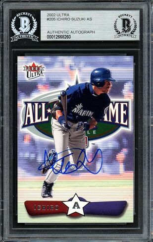 Ichiro Suzuki Autographed 2002 Fleer Ultra Card #205 Seattle Mariners Beckett BAS Stock #191248 - Baseball Slabbed Autographed Cards in Saudi Arabia