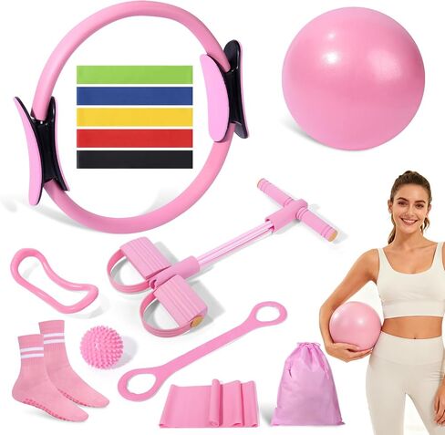 Pilates Kit 14 Pcs, Pilates Essentials Kit for Women, Pilates Equipment for Home with Yoga Circle Ball Ring, 5 Resistance Bands,Pedal Puller Resistance Band,Anti-Slip Socks for Starter Set Accessories in Saudi Arabia