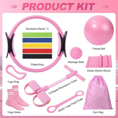 Pilates Kit 14 Pcs, Pilates Essentials Kit for Women, Pilates Equipment for Home with Yoga Circle Ball Ring, 5 Resistance Bands,Pedal Puller Resistance Band,Anti-Slip Socks for Starter Set Accessories in Saudi Arabia
