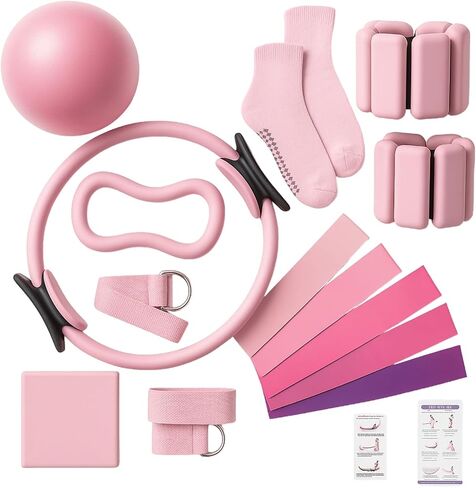 Pilates Ring Set 14 PCS Circle Yoga Ring, Pilates Ball, Adjustable Ankle and Wrist Weights, Resistance Bands, Grip Socks, Instruction Mauel Guides, Yoga, Women Home Workouts Essentials Starter Set in Saudi Arabia