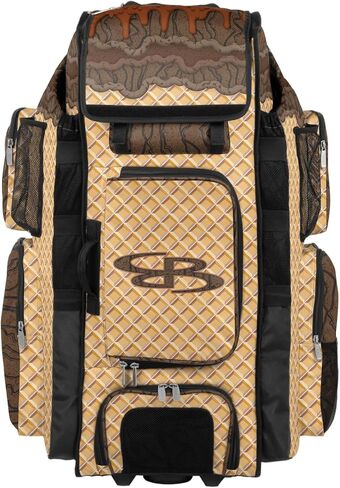 Boombah Superpack XL Rolling Bat Bag - 36" x 16" x 23.5" - Telescopic Handle - Holds 8 Bats - Wheeled Version - Ice Cream Double Chocolate Gold/Brown/Oak Brown in Saudi Arabia