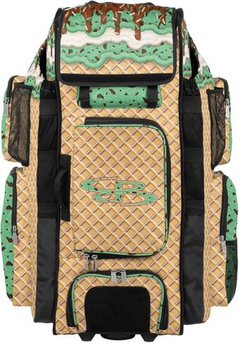 حقيبة الخفافيش الدوارة Boombah Superpack XL - 91.44 سم × 40.64 سم × 23.5 سم - مقبض تلسكوبي - يحمل 8 مضارب - إصدار بعجلات - رقاقة شوكولاتة الآيس كريم بالنعناع ذهبي/نعناع/برتقالي تكساس in Saudi Arabia