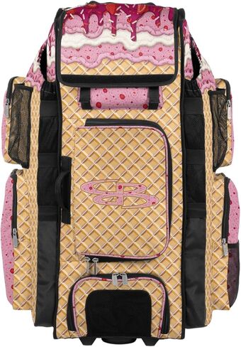 حقيبة الخفافيش الدوارة Boombah Superpack XL - 91.44 سم × 40.64 سم × 23.5 سم - مقبض تلسكوبي - تحمل 8 مضارب - نسخة بعجلات - كريم الفراولة الآيس كريم ذهبي/وردي/وردي فاقع in Saudi Arabia