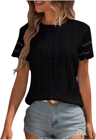 Women's Short Sleeve Shirts Dressy Round Neck Summer Tops 2025 Trendy Casual T-Shirt Cute Work Outfits Blouses in Saudi Arabia
