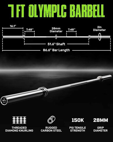 PB01 7FT Olympic Barbell، شريط الوزن مع قبضة مخرشة للقرفصاء، الرفع الميت، رفع الأثقال، تدريب القوة، ضغط مقاعد البدلاء، يناسب لوحات الوزن القياسية 2 بوصة، سعة 1000 رطل in Kuwait