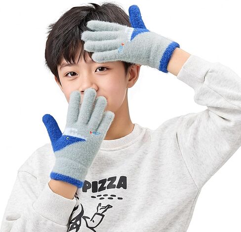 Kids Student Winter Warm Knitted Gloves Cute Shark Full Finger Snow Ski Gloves Stretch Cold Weather Mittens,Age 7-12 Yrs in Saudi Arabia