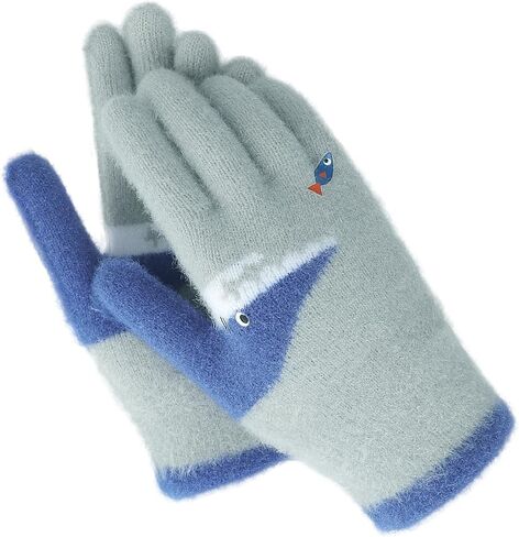 Kids Student Winter Warm Knitted Gloves Cute Shark Full Finger Snow Ski Gloves Stretch Cold Weather Mittens,Age 7-12 Yrs in Saudi Arabia