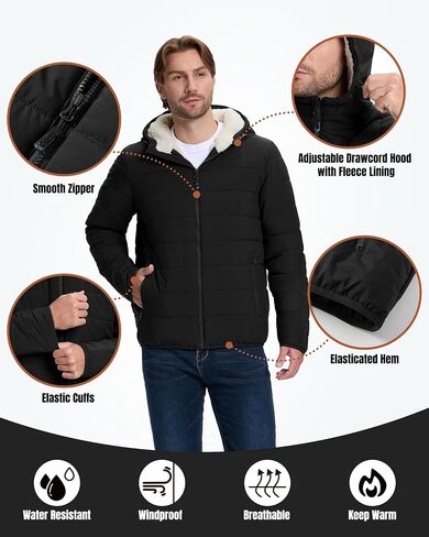 33,000ft Men's Hooded Winter Puffer Jacket Sherpa Fleece Lined Lightweight Warm Quilted Insulated Puffy Coat in Saudi Arabia