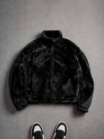 Men's Plush Faux Fur Winter Jacket High Collar Cropped Jacket Puffer Jacket Zip Up Winter Warm Fuzzy Jacket in Saudi Arabia