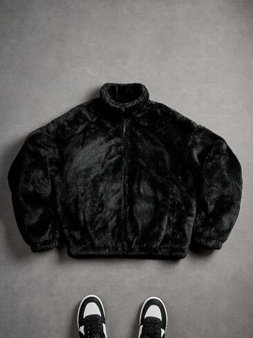 Men's Plush Faux Fur Winter Jacket High Collar Cropped Jacket Puffer Jacket Zip Up Winter Warm Fuzzy Jacket in Saudi Arabia