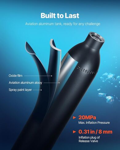 VEVOR Scuba Tank, 0.5L Portable Diving Tank, Diving Oxygen Cylinder Support 5-10 Minutes Underwater Breathing, 32.81 ft Diving Depth, Refillable Snorkel Air Tank Kit for Underwater Exploration Rescue in Saudi Arabia