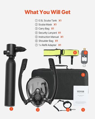 VEVOR Scuba Tank, 0.5L Portable Diving Tank, Diving Oxygen Cylinder Support 5-10 Minutes Underwater Breathing, 32.81 ft Diving Depth, Refillable Snorkel Air Tank Kit for Underwater Exploration Rescue in Saudi Arabia