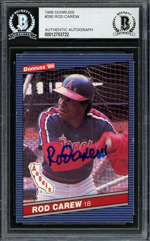 Rod Carew Autographed 1986 Donruss Card #280 California Angels Beckett BAS Stock #193244 - Baseball Slabbed Autographed Cards in Saudi Arabia