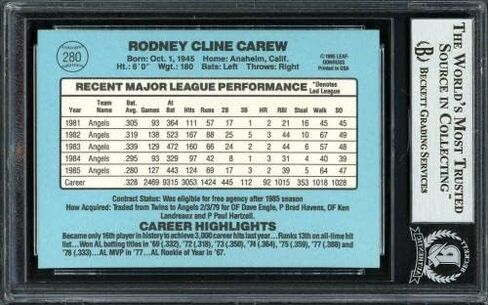 Rod Carew Autographed 1986 Donruss Card #280 California Angels Beckett BAS Stock #193244 - Baseball Slabbed Autographed Cards in Saudi Arabia