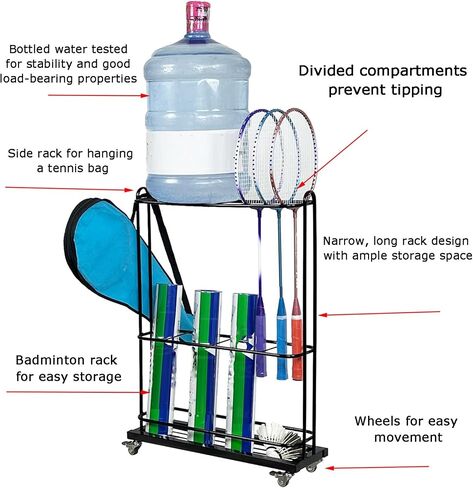 Tennis Racket Storage Cart,No Assembly Required, Easy Badminton Organizer,for Ball Bucket Skipping Rope(Black) in Saudi Arabia