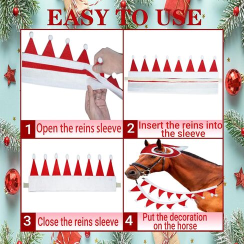 3 Pcs Chrismas Rein Cover Set Including 1 Pcs Horse Christmas Santa Cap and 2 Horse Rein Cover,Xmas Holiday Horse Santa Costume Accessories for Xmas Parade in Saudi Arabia