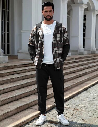 بدلة رياضية مكونة من قطعتين للرجال مع غطاء للرأس من الفلانيل منقوشة من الصوف ومجموعة بناطيل رياضية للركض بدلة رياضية in Kuwait