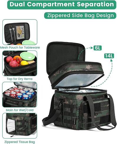 RalChyez Tactical Lunch Box, 20L Large Heavy Duty Double Deck Insulated Lunch Bag Leakproof Expandable Tote Cooler with Shoulder Strap for Adult Men Women Work Fishing Picnic Travel Black in Saudi Arabia