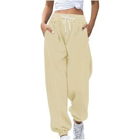 بنطلون رياضي نسائي عالي الخصر للشتاء فضفاض بنطلون طويل للخريف برباط صوف نشط مريح للركض مع جيوب in Kuwait