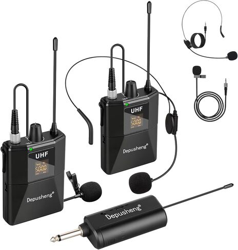 Depusheng UHF Microphone System -Wireless Microphone Set with Headset and Lavalier Lapel Mics, Beltpack Transmitter and Receiver,200ft Range, for Recording PA Speaker,Conference in Saudi Arabia