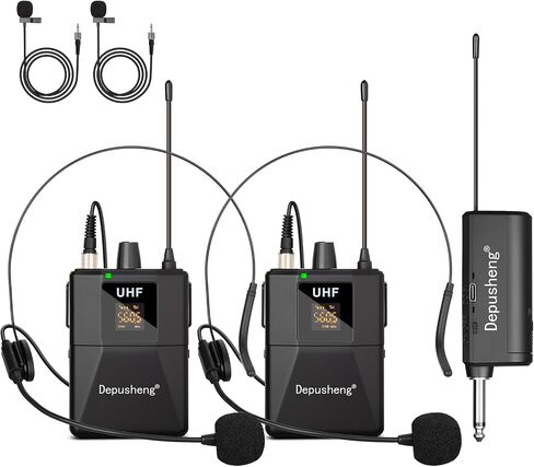 Depusheng UHF Microphone System -Wireless Microphone Set with Headset and Lavalier Lapel Mics, Beltpack Transmitter and Receiver,200ft Range, for Recording PA Speaker,Conference in Saudi Arabia