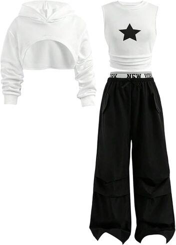 OYOANGLE Girl's Fall Clothes Set Star Graphic Tank Top and High Low Hem Hoodie with Cargo Pants Y2K Athleisure Sets in Saudi Arabia