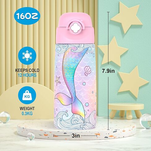 Girls Insulated Water Bottle with Covered Pop-Up Straw,16 oz Kids Cups with Stainless Steel Leak Proof for School Pink（Unicorn） in Saudi Arabia