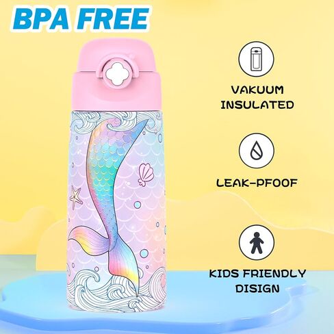 Girls Insulated Water Bottle with Covered Pop-Up Straw,16 oz Kids Cups with Stainless Steel Leak Proof for School Pink（Unicorn） in Saudi Arabia