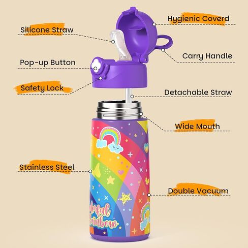 Girls Insulated Water Bottle with Covered Pop-Up Straw,16 oz Kids Cups with Stainless Steel Leak Proof for School Pink（Unicorn） in Saudi Arabia
