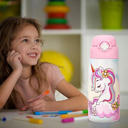 Girls Insulated Water Bottle with Covered Pop-Up Straw,16 oz Kids Cups with Stainless Steel Leak Proof for School Pink（Unicorn） in Saudi Arabia