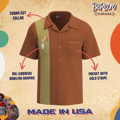 قميص بولينج BeRetro Lebowski للرجال - قميص رجالي كلاسيكي كلاسيكي بأكمام قصيرة وأزرار سفلية - صُنع في الولايات المتحدة الأمريكية in Kuwait