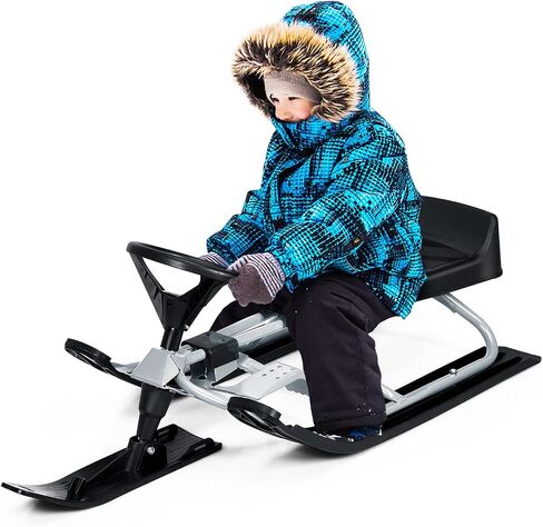 GYMAX Snow Racer Sled، زلاجة تزلج مع عجلة قيادة، مكابح مزدوجة وحبل سحب، لوح منزلق ثلجي شديد التحمل للأطفال من سن 4 سنوات فما فوق، زلاجة ثلجية قابلة للتوجيه للأطفال والمراهقين والبالغين in Saudi Arabia