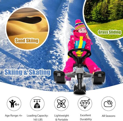 GYMAX Snow Racer Sled، زلاجة تزلج مع عجلة قيادة، مكابح مزدوجة وحبل سحب، لوح منزلق ثلجي شديد التحمل للأطفال من سن 4 سنوات فما فوق، زلاجة ثلجية قابلة للتوجيه للأطفال والمراهقين والبالغين in Saudi Arabia