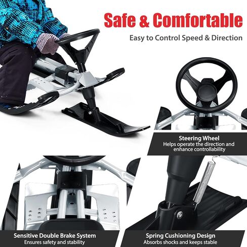 GYMAX Snow Racer Sled، زلاجة تزلج مع عجلة قيادة، مكابح مزدوجة وحبل سحب، لوح منزلق ثلجي شديد التحمل للأطفال من سن 4 سنوات فما فوق، زلاجة ثلجية قابلة للتوجيه للأطفال والمراهقين والبالغين in Saudi Arabia