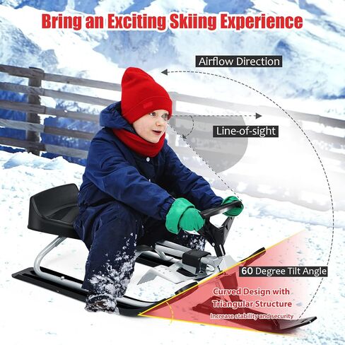 GYMAX Snow Racer Sled، زلاجة تزلج مع عجلة قيادة، مكابح مزدوجة وحبل سحب، لوح منزلق ثلجي شديد التحمل للأطفال من سن 4 سنوات فما فوق، زلاجة ثلجية قابلة للتوجيه للأطفال والمراهقين والبالغين in Saudi Arabia