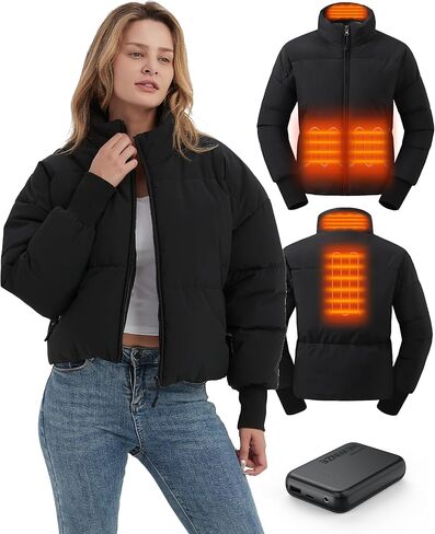 سترة HEWINZE النسائية القصيرة المنتفخة المُدفأة مع بطارية 7.4 فولت، معطف دافئ in Kuwait