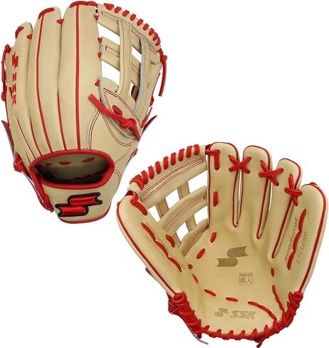 قفاز البيسبول SSK Z7 Specialist Outfield - 12.5 بوصة - 12.75 بوصة - غطاء لليد اليمنى واليسرى (12.5 بوصة - غطاء لليد اليمنى، جملي/أحمر) in Saudi Arabia
