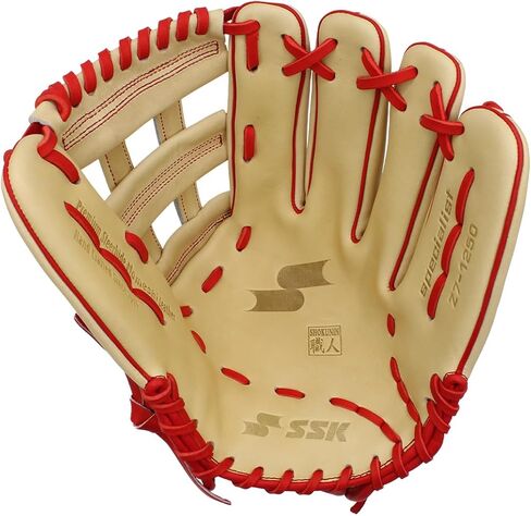 قفاز البيسبول SSK Z7 Specialist Outfield - 12.5 بوصة - 12.75 بوصة - غطاء لليد اليمنى واليسرى (12.5 بوصة - غطاء لليد اليمنى، جملي/أحمر) in Saudi Arabia
