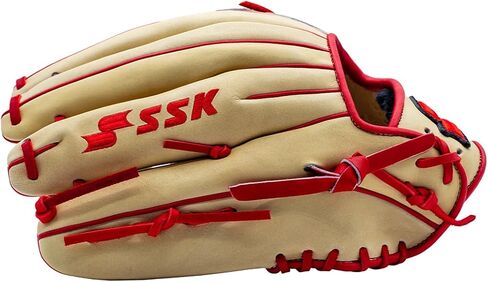 قفاز البيسبول SSK Z7 Specialist Outfield - 12.5 بوصة - 12.75 بوصة - غطاء لليد اليمنى واليسرى (12.5 بوصة - غطاء لليد اليمنى، جملي/أحمر) in Saudi Arabia