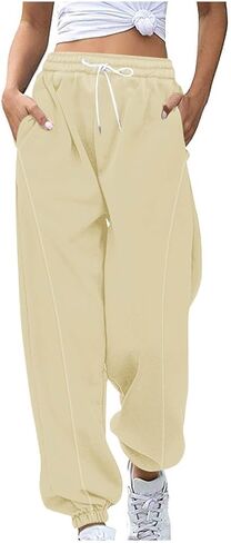 بنطلون رياضي نسائي عالي الخصر للشتاء فضفاض بنطلون طويل للخريف برباط صوف نشط مريح للركض مع جيوب in Kuwait